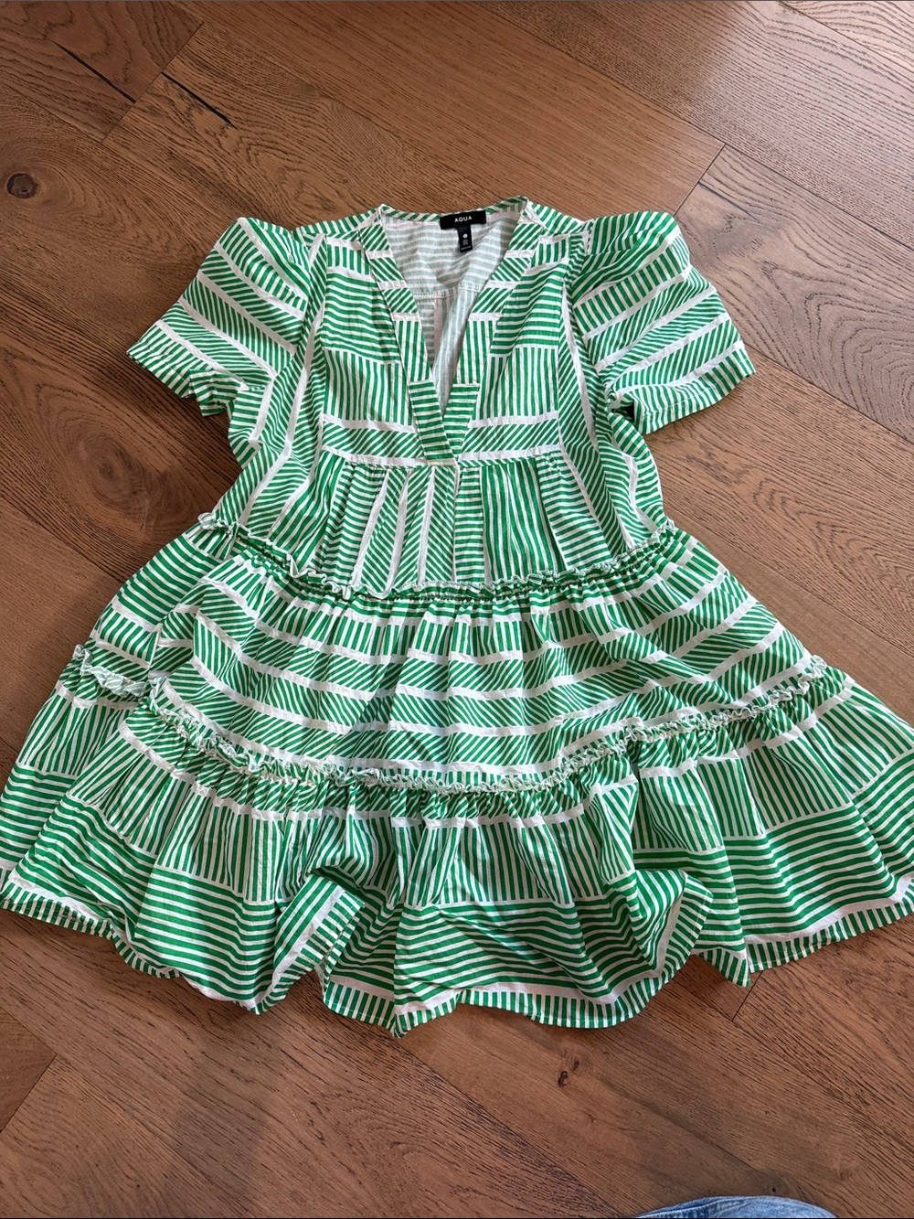 Aqua Green & White Striped Tiered Casual Dress
